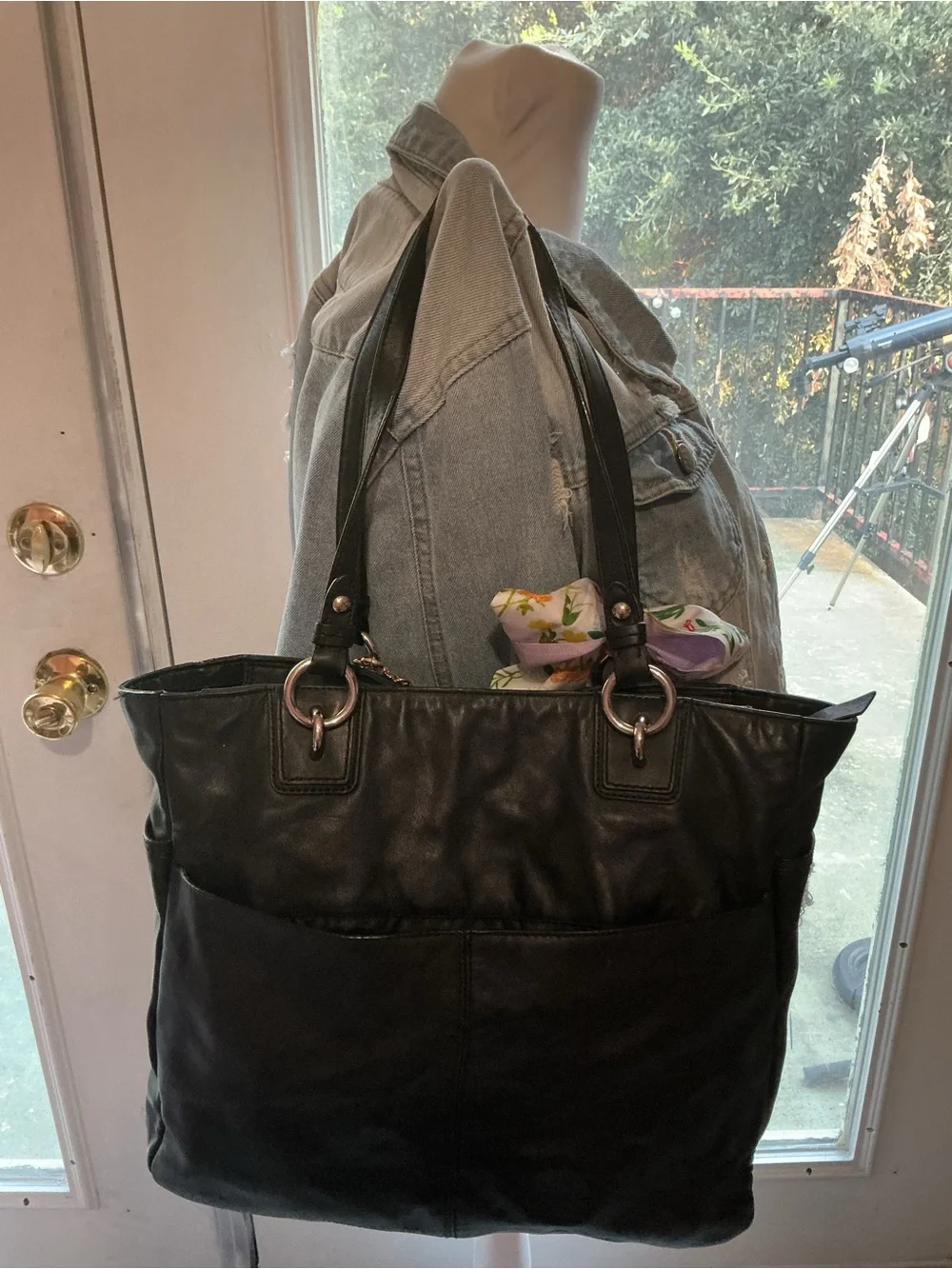 Coach Black Leather Tote with Purple Charm Details